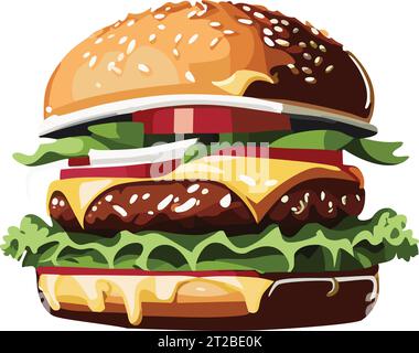 Cartoon tasty big hamburger with cheese and sesame seeds isolated on white background. Vector sticker icon. Stock Vector