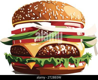 Cartoon tasty big hamburger with cheese and sesame seeds isolated on white background. Vector sticker icon. Stock Vector