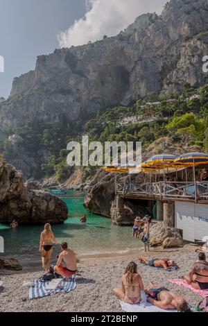 The Beach, café, hotels and bars of Marina Piccola, Via Marina Piccola, 80076 Capri NA, Italy 11th October 2023 Stock Photo