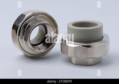 Polypropylene couplings for welding pipes on white. Stock Photo