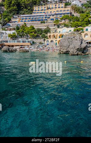 The Beach, café, hotels and bars of Marina Piccola, Via Marina Piccola, 80076 Capri NA, Italy 11th October 2023 Stock Photo
