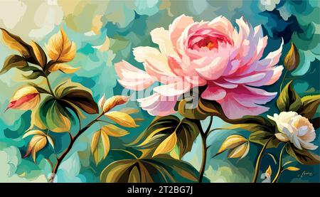 Oil painting pink large peonies flowers, printable wall art, floral background or wallpaper. Vector illustration Stock Vector