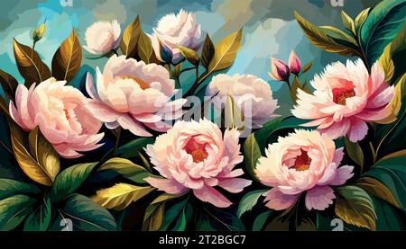 Drawn art peonies on textured wall with imitation scuffs. Wallpaper in room or interior of a house. For printing on a label poster of a postcard vector illustration Stock Vector