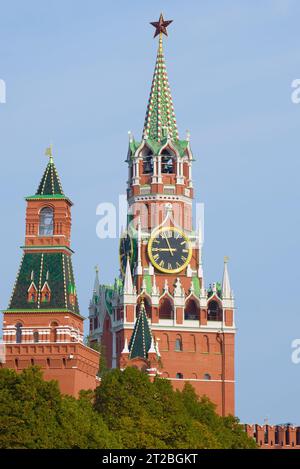 View of Spasskaya Tower of the Moscow Kremlin in the sunny September afternoon. Moscow, Russia Stock Photo