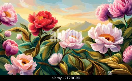 Drawn art peonies on textured wall with imitation scuffs. Wallpaper in room or interior of a house. For printing on a label poster of a postcard vector illustration Stock Vector