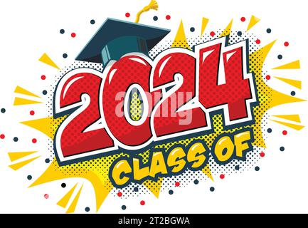 2024 class graduate header. Decorate congratulation for school graduates in comic cartoon style. Vector on transparent background Stock Vector