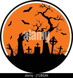 Dead hand silhouette in full moon night in cemetery. Vector round sticker for Halloween party Stock Vector