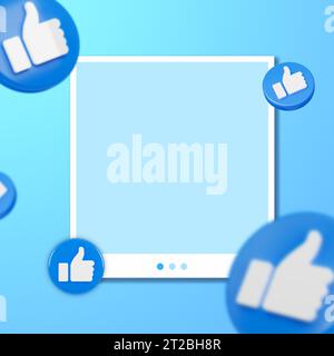 Square social media post frame with floating Like icons. Likes on post concept. Stock Photo