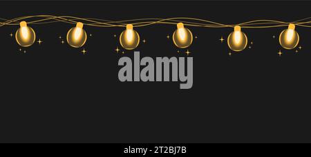 Light garland with gold bulbs on black background, copy space. Vector illustration in flat style Stock Vector