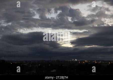 Madrid, Spain. 18th Oct 2023. The weather in Madrid is turning chilly and blustery, as evident from the view over Estadio Municipal Butarque in the southern part of the city, with clouds on the horizon. Credit Sandeep More/Alamy Live News Stock Photo