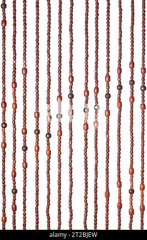 wooden threaded curtain beads of doorway or entrance way, close-up abstract texture isolated on white background, pattern for graphic designing Stock Photo