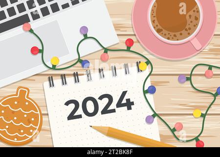 2024 written on spiral notebook, flat lay composition on wooden desk with gingerbread cookie, coffee, laptop, pencil and christmas lights- vector illu Stock Vector