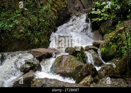 Rapid and powerful water flow between large rocks in cold mountain river, close-up Stock Photo