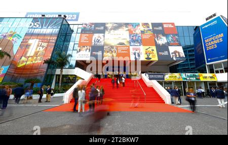 Cannes, France - October 18, 2023: MIPCOM/The World Greatest Gathering of TV & Entertainment Executives at the Palais des Festivals. Mandoga Media Germany, MIPTV, RX Stock Photo