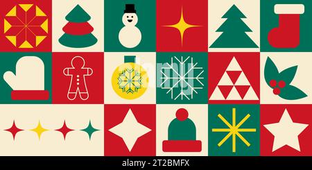 Christmas icons elements with geometric seamless pattern. Can use for wrapping paper, background, wallpaper Stock Vector