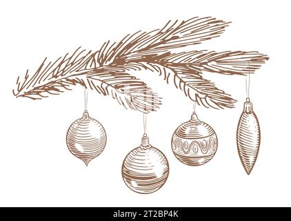 Hand drawn Holiday decorations, balls and baubles hanging on a fir branch. Merry Christmas and Happy New Year Stock Vector