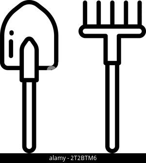 A set of gardening tools. Farm tools outline icons. Element of rakes and shovel icon for mobile concept and web apps. Thin line icon can be used for w Stock Vector