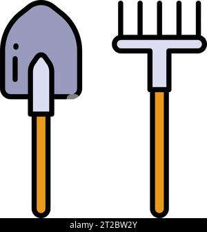 A set of gardening tools. Farm tools color icons. Element of rakes and shovel icons for mobile concept and web apps. Simple icon can be used for web a Stock Vector