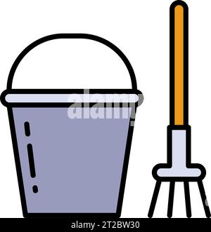 Bucket and rake color icon. Garden tools vector illustration isolated on white. Container simple style design, designed for web and app. Stock Vector