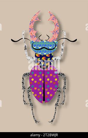 Colorful silhouette of a scarab stag beetle with horns in patchwork style. Fashion design of a Lucanus cervus, vector insect isolated on a vintage Stock Vector