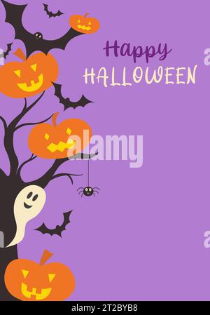 Happy Halloween greeting card or invitation to a party with cute halloween characters like ghost, jack-o-lantern and bat Stock Vector