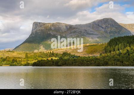 mountain peak over water with cluster of spruce Stock Photo