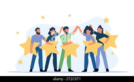 Group of five people are standing in a circle, giving each other high fives. They are all smiling and excited, and they are each holding a star. Vecto Stock Vector