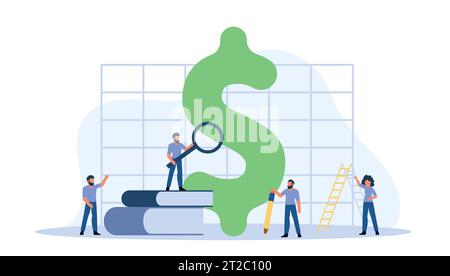 Man standing on top of stack of books, looking up at dollar sign through a magnifying glass. Symbolizes the pursuit of knowledge and wealth, and impor Stock Vector