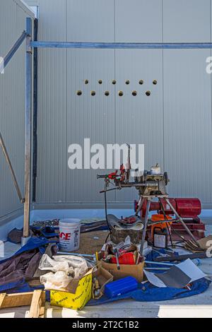 Pipe-working reaming tools on the roof at a CO2 cold-storage (industrial refrigeration) warehouse. Stock Photo