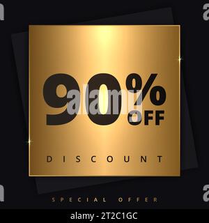 90 off discount banner. Special offer sale 90 percent off. Sale discount offer. Luxury promotion banner ninety percent discount in golden square and Stock Vector