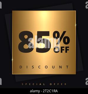 85 off discount banner. Special offer sale 85 percent off. Sale discount offer. Luxury promotion banner eighty five percent discount in golden square Stock Vector