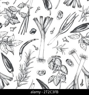 Seamless pattern with spices, engraving style. Basil, onion, leek, laurel, rosemary, thyme, chili, paprika. Design for wallpapers, textiles, paper, ca Stock Vector