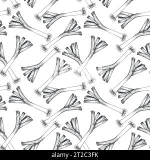 Green leek vector pattern, engraving style. Design for wallpapers, textiles, paper, cafes and restaurants. Onions, herbs, aromatic spices of Italian, Stock Vector