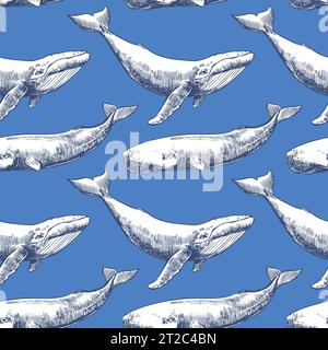 Vector seamless pattern with whales and sperm whales. Sea animals in engraving technique, hand drawn ink drawing. Blue background. Can be used for wal Stock Vector