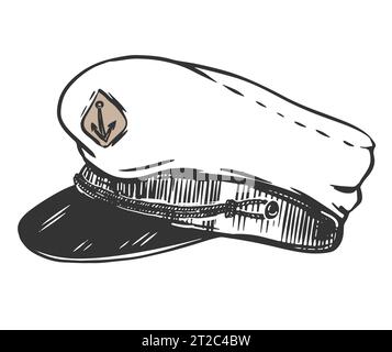Captain's cap on a white background. Element of the officer's uniform of the navy. Captain's hat in vintage style. Vector illustration in graphic styl Stock Vector