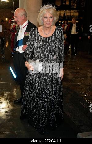 Queen Camilla arrives to attend a dinner at Mansion House in London to recognise the work of the City of London civic institutions and Livery Companies, the city's ancient and modern trade guilds. Picture date: Wednesday October 18, 2023. Stock Photo