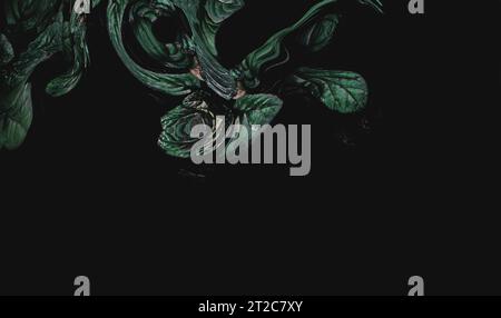 Dark abstract dense background with fragments of bugleweed Ajuga reptans - Black Scallop. Photo manipulation of plant leaves Stock Photo