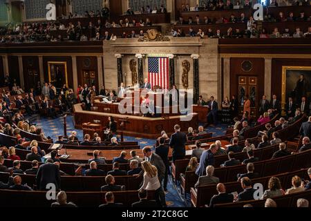 Washington, USA. 18th Oct, 2023. Representatives cast their votes for House Speaker in the House chamber in Washington, DC, the United States, on Oct. 18, 2023. The U.S. House of Representatives on Wednesday failed to elect a new speaker in the second round of voting, as Right-wing Republican Jim Jordan, chairman of the House Judiciary Committee, lost more votes from his own party compared with the first round amid continued Republican infighting. Credit: Aaron Schwartz/Xinhua/Alamy Live News Stock Photo