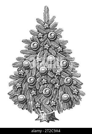 Hand drawn fir tree decorated with lights and balls. Merry Christmas ...