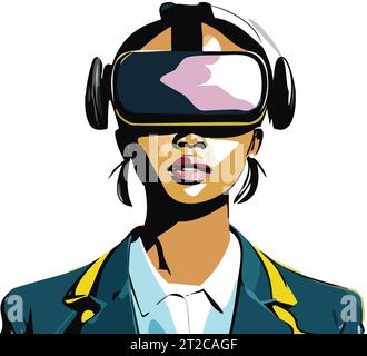 Metaverse Digital Virtual Reality Technology of a woman with glasses and a headset VR connected to the virtual space. Vector Illustration. Stock Vector