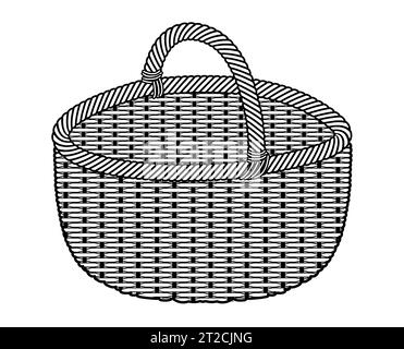 Basket Rattan bucket silhouette bag. Fashion accessory technical illustration. Vector Picnic Oval 3-4 view for Men, women, unisex style, flat handbag CAD mockup sketch outline isolated Stock Vector