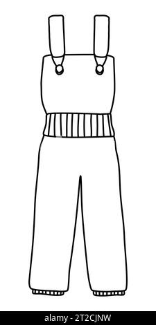 Warm winter overalls, snowboarding or skiing feather pants, winter sports equipment and clothes concept, doodle style flat vector outline illustration for kids coloring book Stock Vector