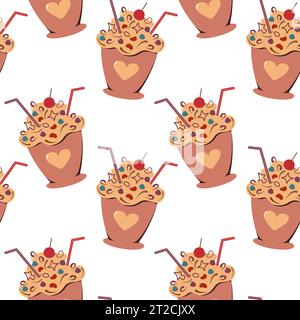 Seamless pattern of dessert in cup with decoration and cream in trendy soft chocolate milk shades. International cake day. Isolate. EPS. Vector for wrapping, print, textile, poster, card, label or web Stock Vector