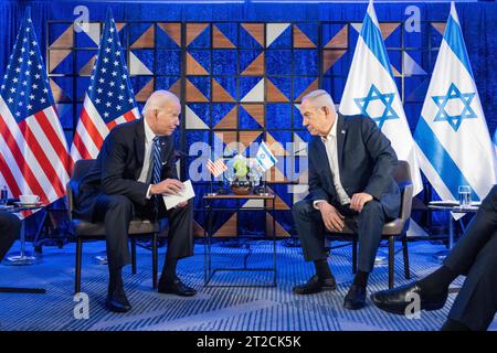 Tel Aviv, Tel Aviv, Israel. 18th Oct, 2023. President of the United States of America, JOE BIDEN, visits Israel and meets Israeli Prime Minister BENJAMIN NETANYAHU in Tel Aviv. Israel is engaged in a war with Hamas of the Gaza Strip. (Credit Image: © White House/ZUMA Press Wire) EDITORIAL USAGE ONLY! Not for Commercial USAGE! Stock Photo