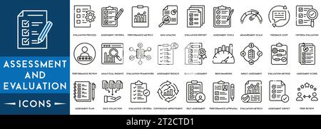Assessment and evaluation line icons collection. Containing financial statement, audit, financial report, invoice. Stock Vector