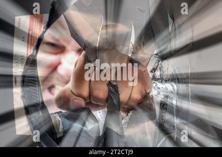 An enraged man smashes a CRT screen with his fist Stock Photo