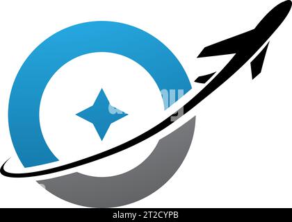 Blue and Black Antique Letter O Icon with an Airplane on a White Background Stock Vector