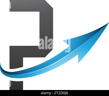 Blue and Black Futuristic Letter P Icon with a Glossy Arrow on a White Background Stock Vector