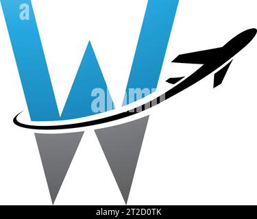 Blue and Black Futuristic Letter W Icon with an Airplane on a White Background Stock Vector