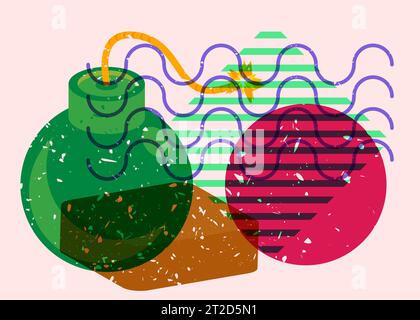 Risograph bomb with geometric shapes. Object in trendy riso graph design. Geometry elements abstract print texture style. Stock Vector